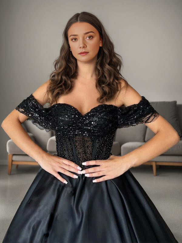 Ball-Gown Off-the-Shoulder Beading Chapel Train Satin Corset Dress