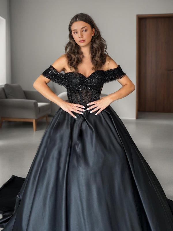 Ball-Gown Off-the-Shoulder Beading Chapel Train Satin Corset Dress