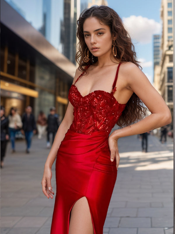 Sheath Spaghetti Straps Appliques Lace Floor-Length Silk Like Satin Dress