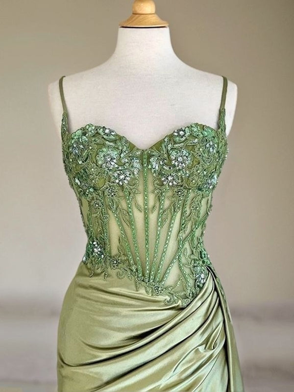Sheath Spaghetti Straps Appliques Lace Sweep Train Silk Like Satin Corset Dress
