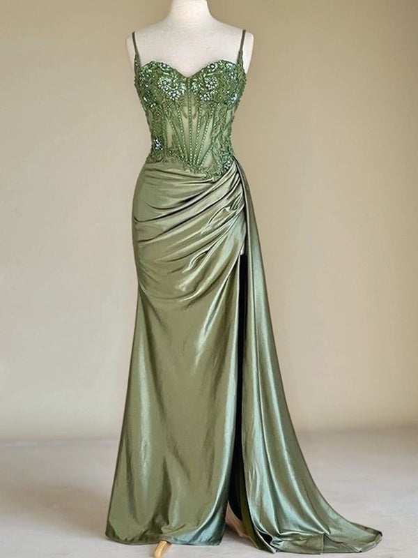 Sheath Spaghetti Straps Appliques Lace Sweep Train Silk Like Satin Corset Dress