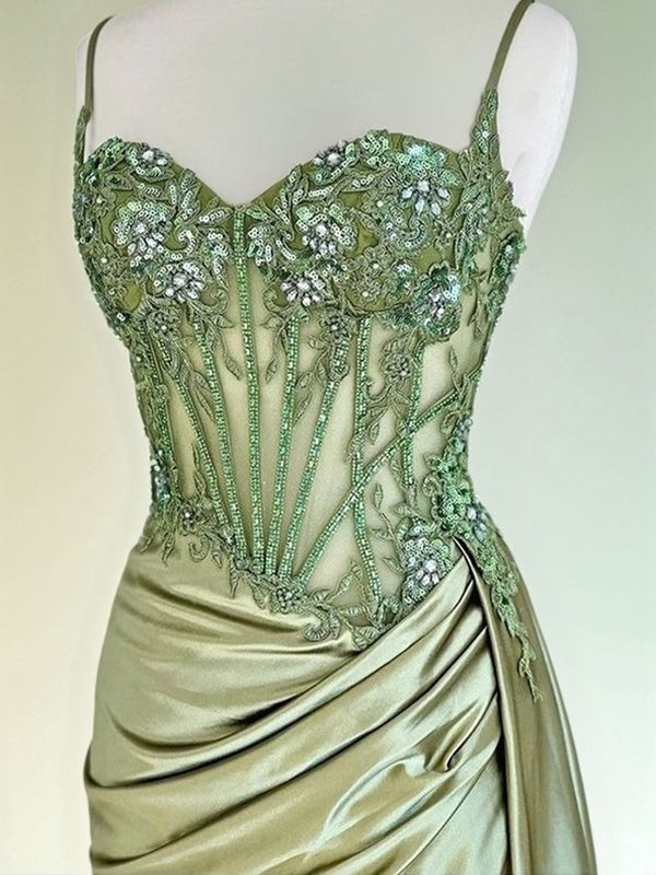 Sheath Spaghetti Straps Appliques Lace Sweep Train Silk Like Satin Corset Dress