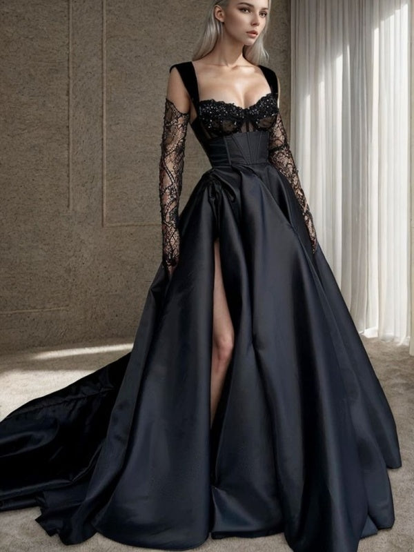 A-line Straps Appliques Lace Court Train Satin Corset Dress