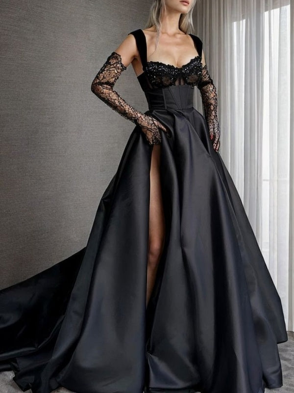 A-line Straps Appliques Lace Court Train Satin Corset Dress