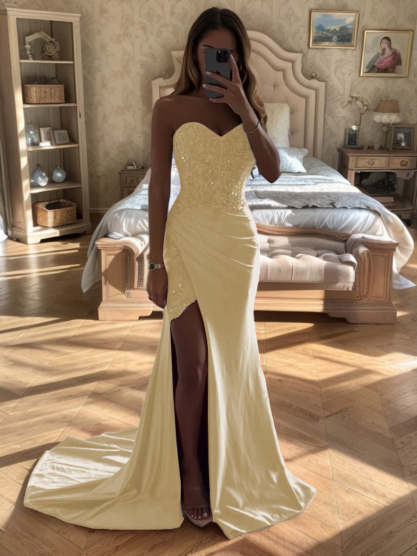 Sheath Sweetheart Pleated Court Train Silk Like Satin Dress