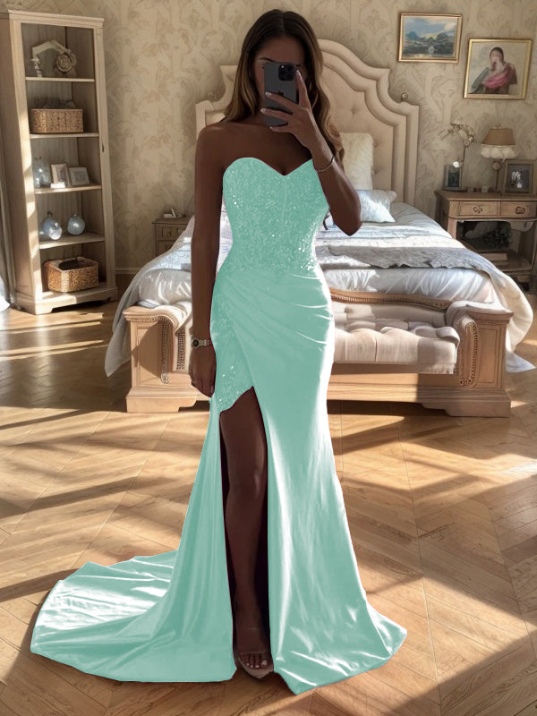 Sheath Sweetheart Pleated Court Train Silk Like Satin Dress