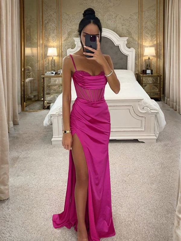 Sheath Cowl Pleated Sweep Train Silk Like Satin Corset Dress