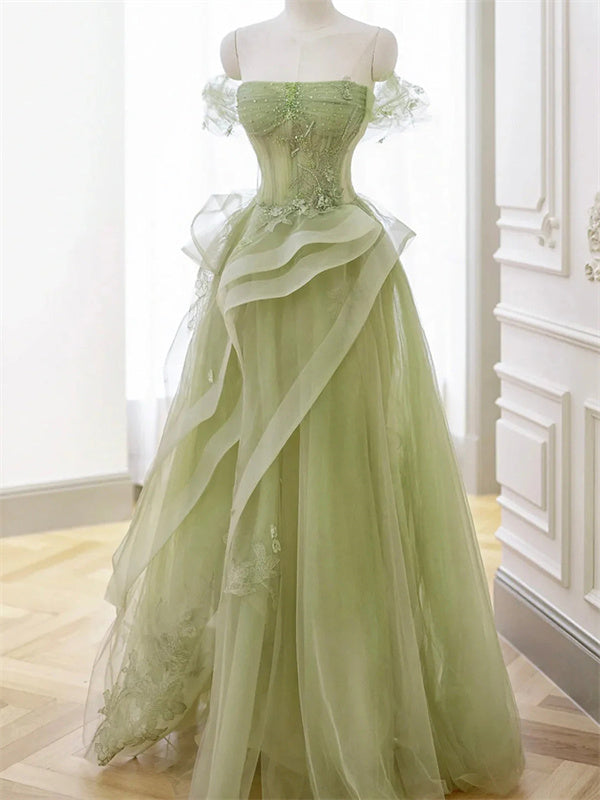 A-line Off-the-Shoulder Appliques Lace Floor-Length Tulle Corset Dress