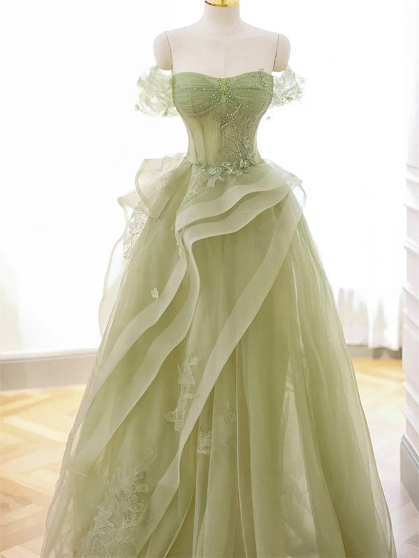 A-line Off-the-Shoulder Appliques Lace Floor-Length Tulle Corset Dress