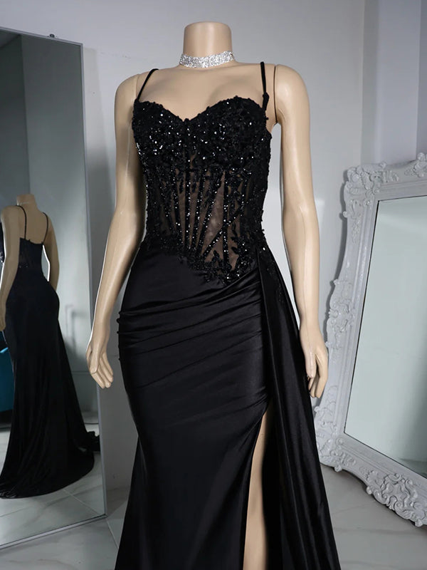 Sheath Spaghetti Straps Appliques Lace Floor-Length Silk Like Satin Corset Dress