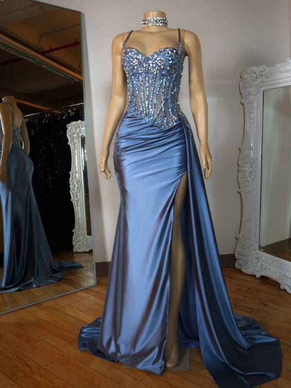Sheath Spaghetti Straps Appliques Lace Sweep Train Silk Like Satin Corset Dress