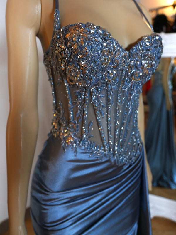 Sheath Spaghetti Straps Appliques Lace Sweep Train Silk Like Satin Corset Dress
