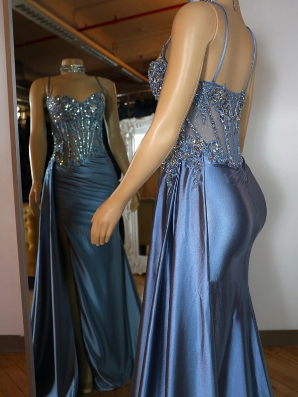 Sheath Spaghetti Straps Appliques Lace Sweep Train Silk Like Satin Corset Dress