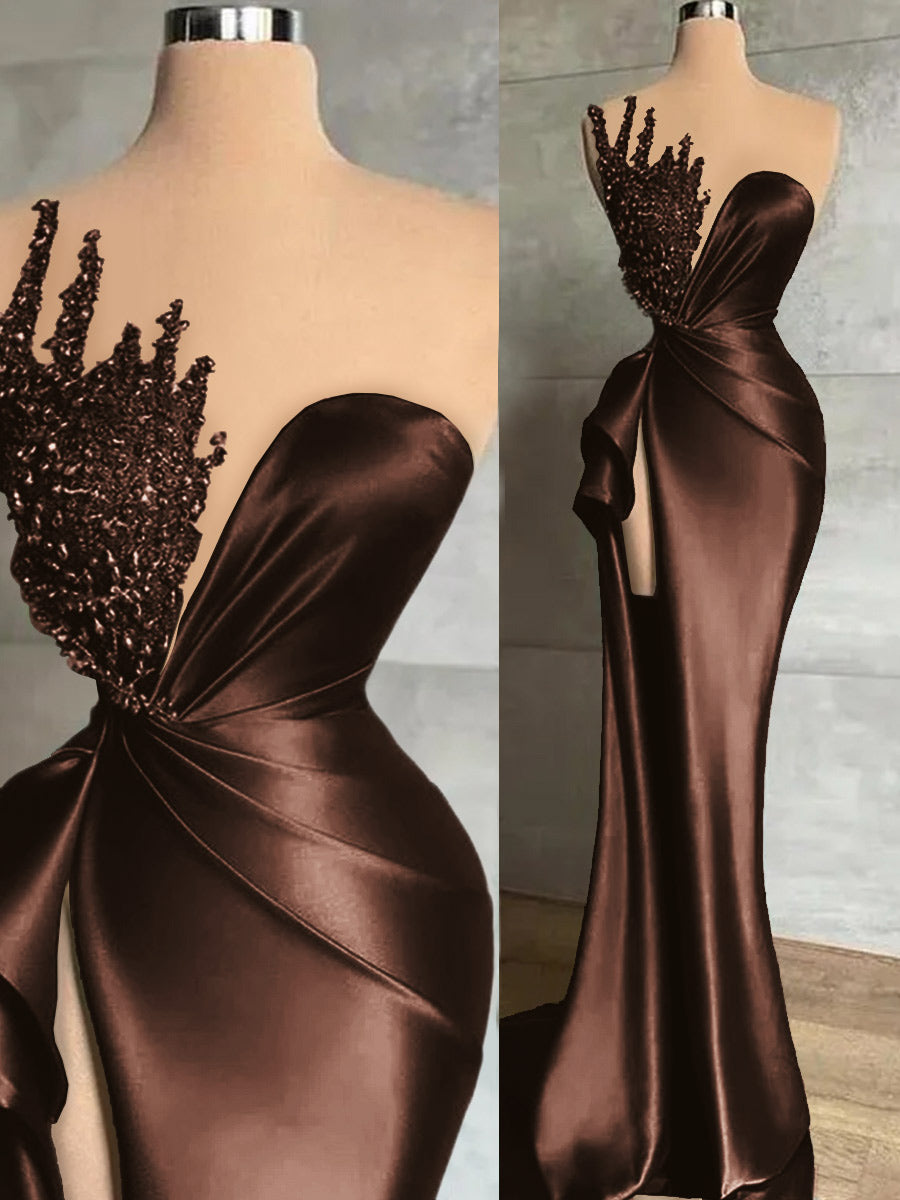 Sheath Sweetheart Beading Sweep Train Silk Like Satin Prom Dress