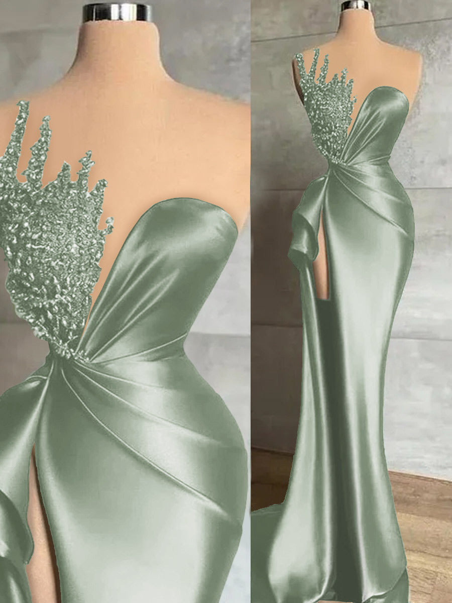 Sheath Sweetheart Beading Sweep Train Silk Like Satin Prom Dress