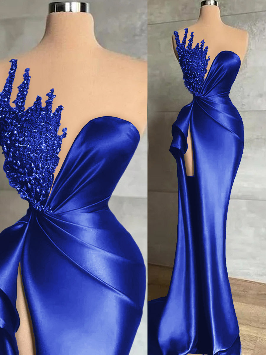 Sheath Sweetheart Beading Sweep Train Silk Like Satin Prom Dress