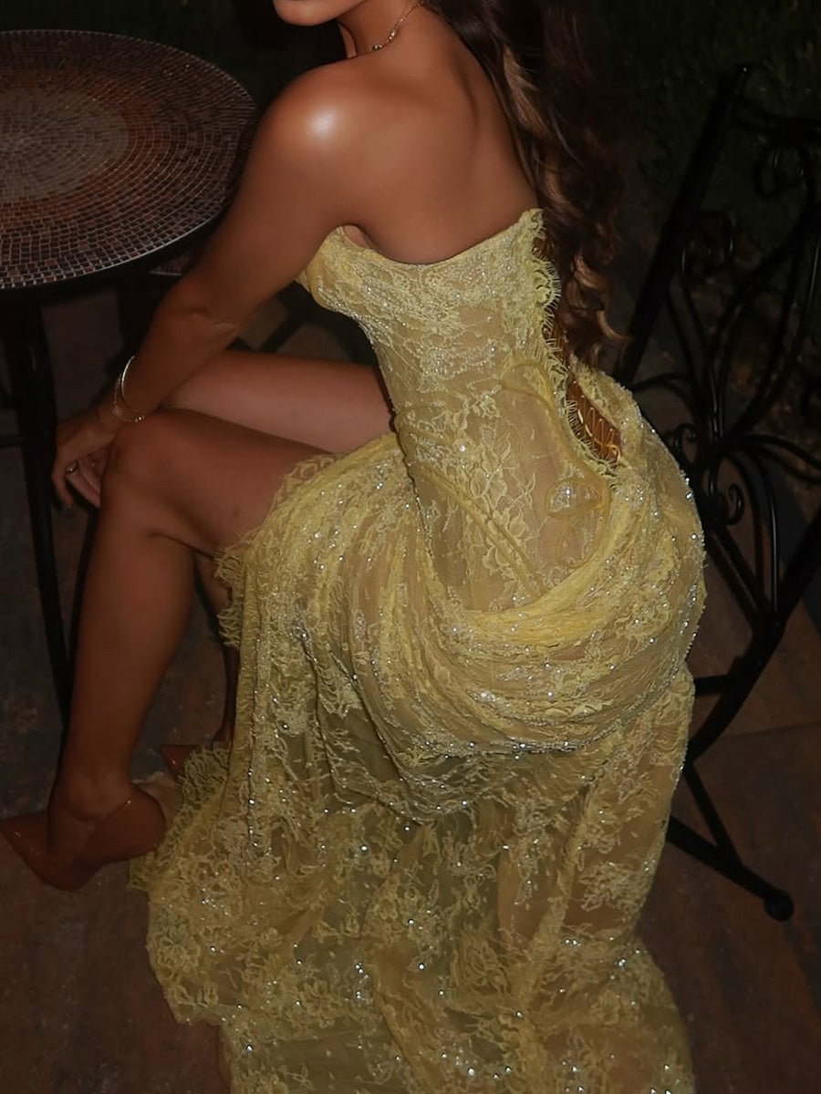 Sheath Straight Appliques Lace Sweep Train Lace Prom Dress