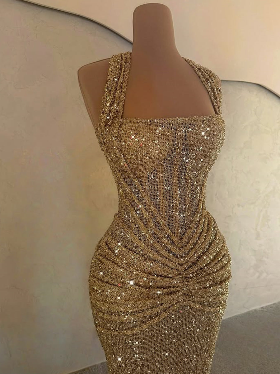 Sheath Straps Pleated Sweep Train Corset Prom Dress
