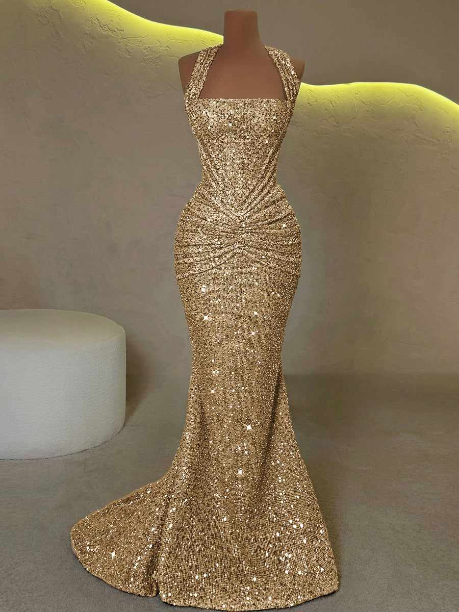 Sheath Straps Pleated Sweep Train Corset Prom Dress