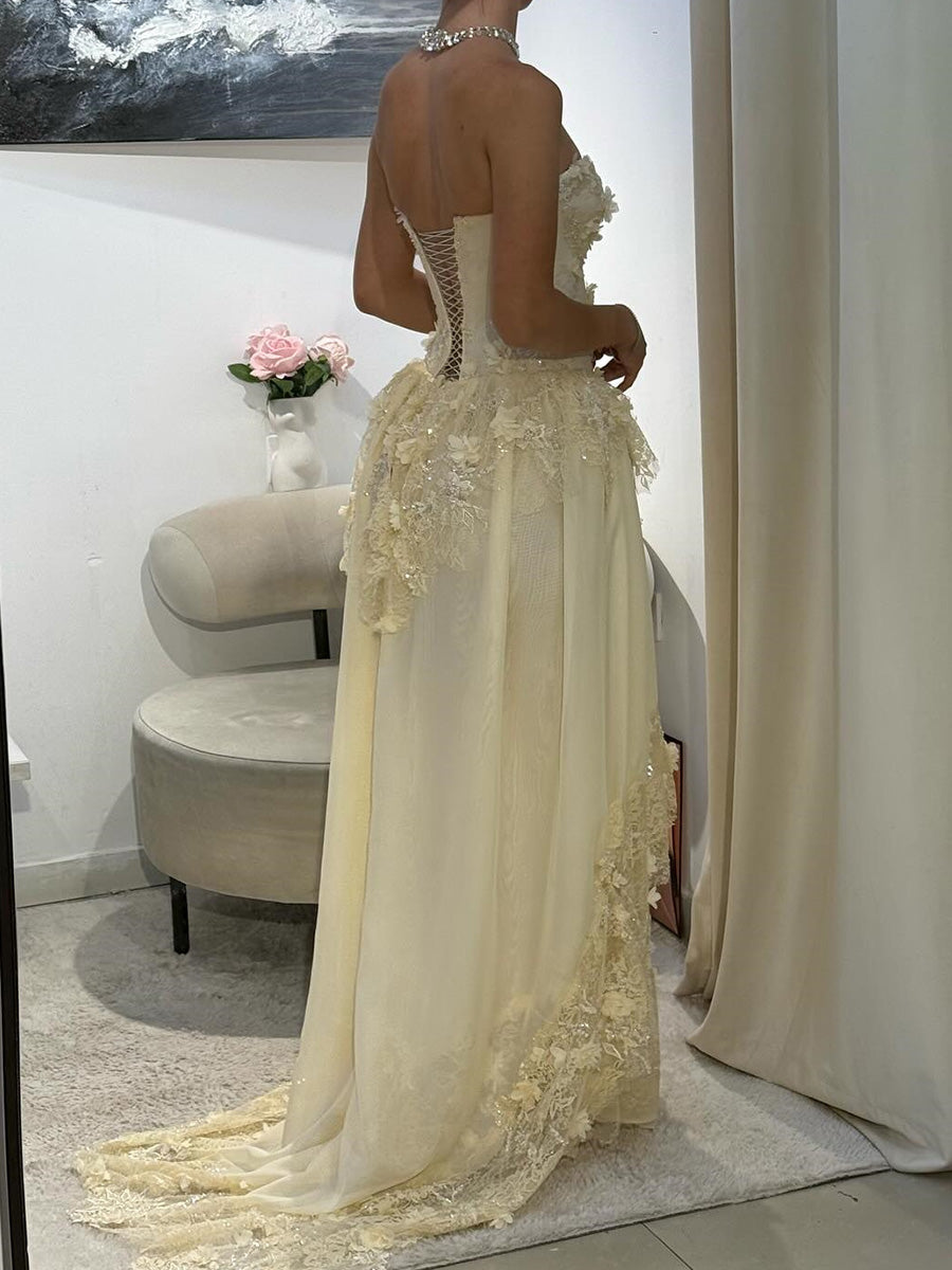 A-line Sweetheart Appliques Lace Sweep Train Chiffon Corset Prom Dress