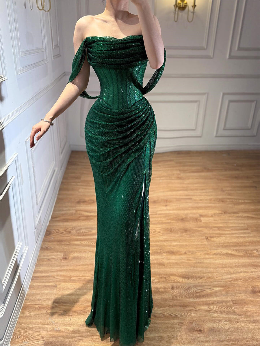 Sheath/Column Off-the-Shoulder Pleated Floor-Length Evening Dress