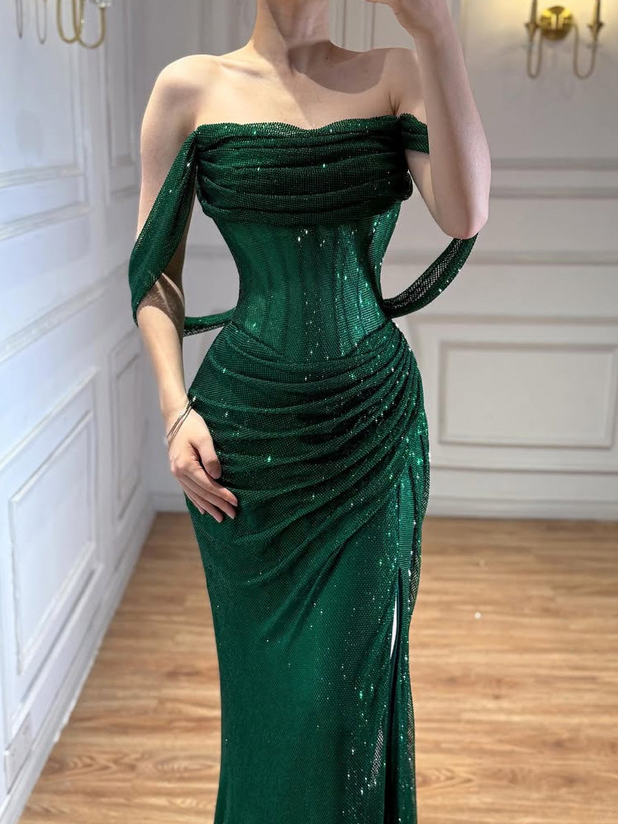 Sheath/Column Off-the-Shoulder Pleated Floor-Length Evening Dress