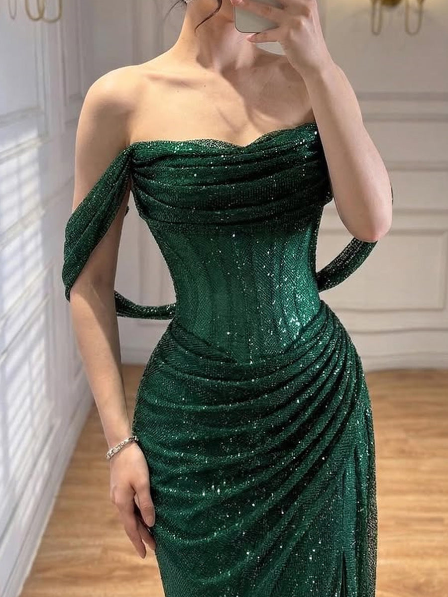 Sheath/Column Off-the-Shoulder Pleated Floor-Length Evening Dress