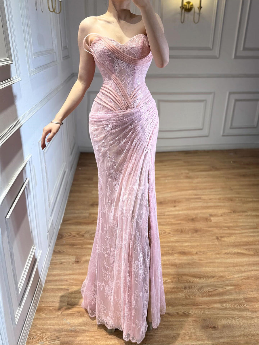 Sheath/Column Sweetheart Pleated Sweep Train Tulle Corset Evening Dress