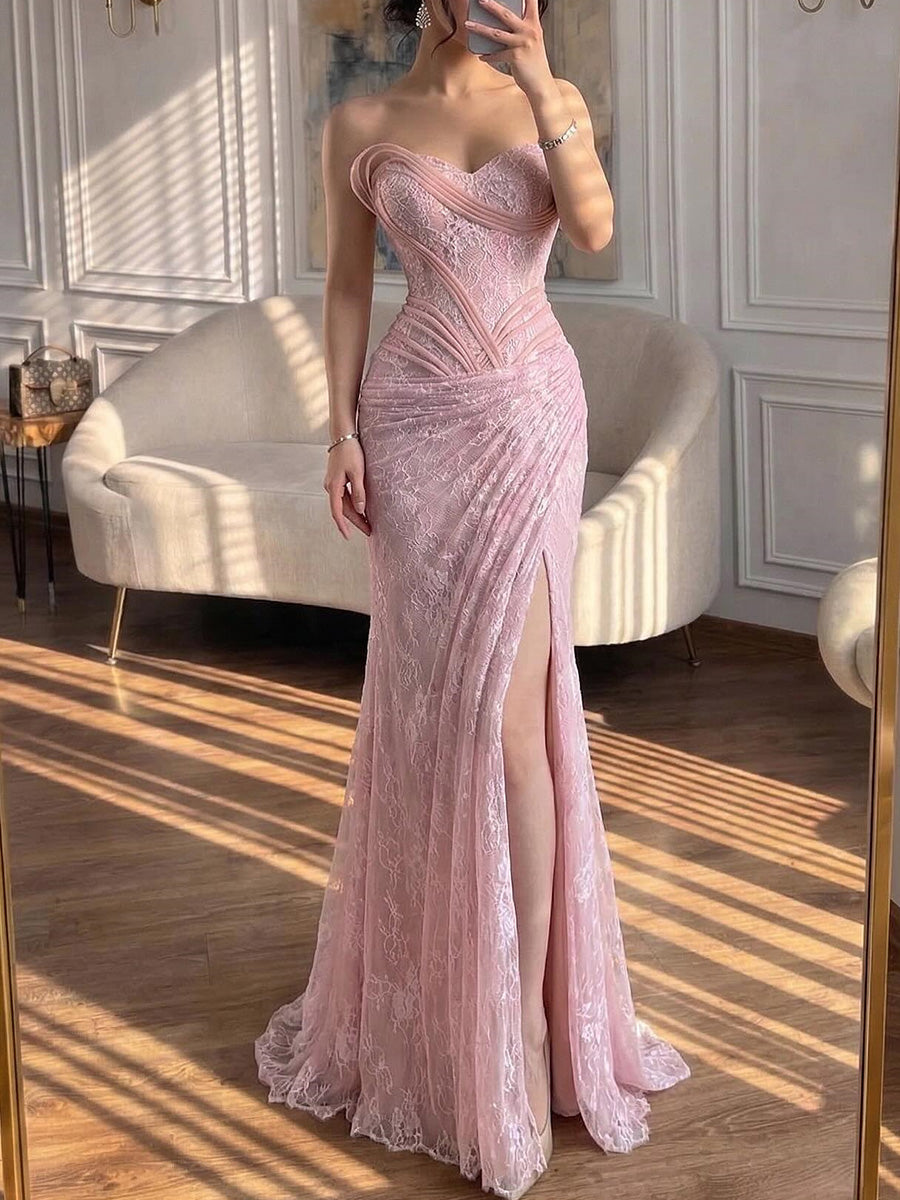 Sheath/Column Sweetheart Pleated Sweep Train Tulle Corset Evening Dress