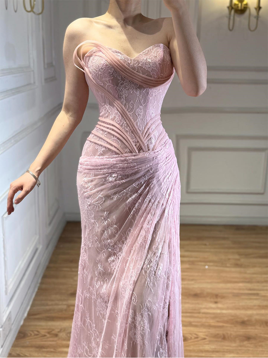 Sheath/Column Sweetheart Pleated Sweep Train Tulle Corset Evening Dress