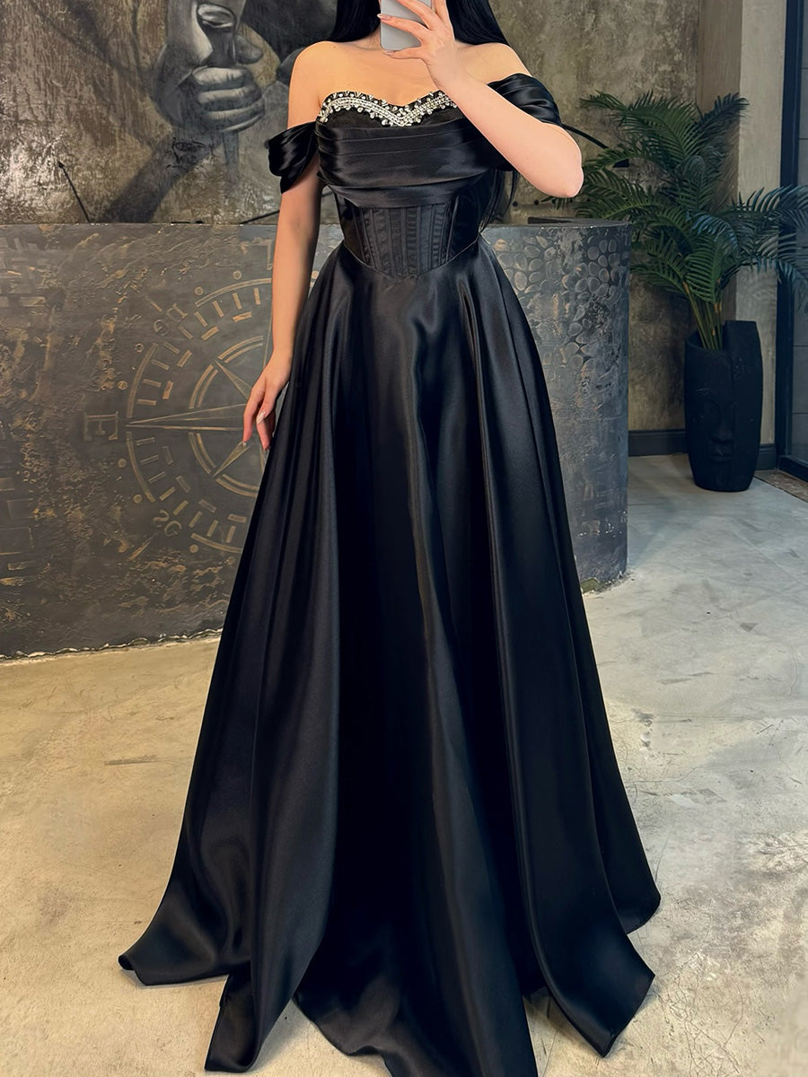 A-line/Princess Off-the-Shoulder Rhinestone Floor-Length Silk Like Satin Corset Evening Dress