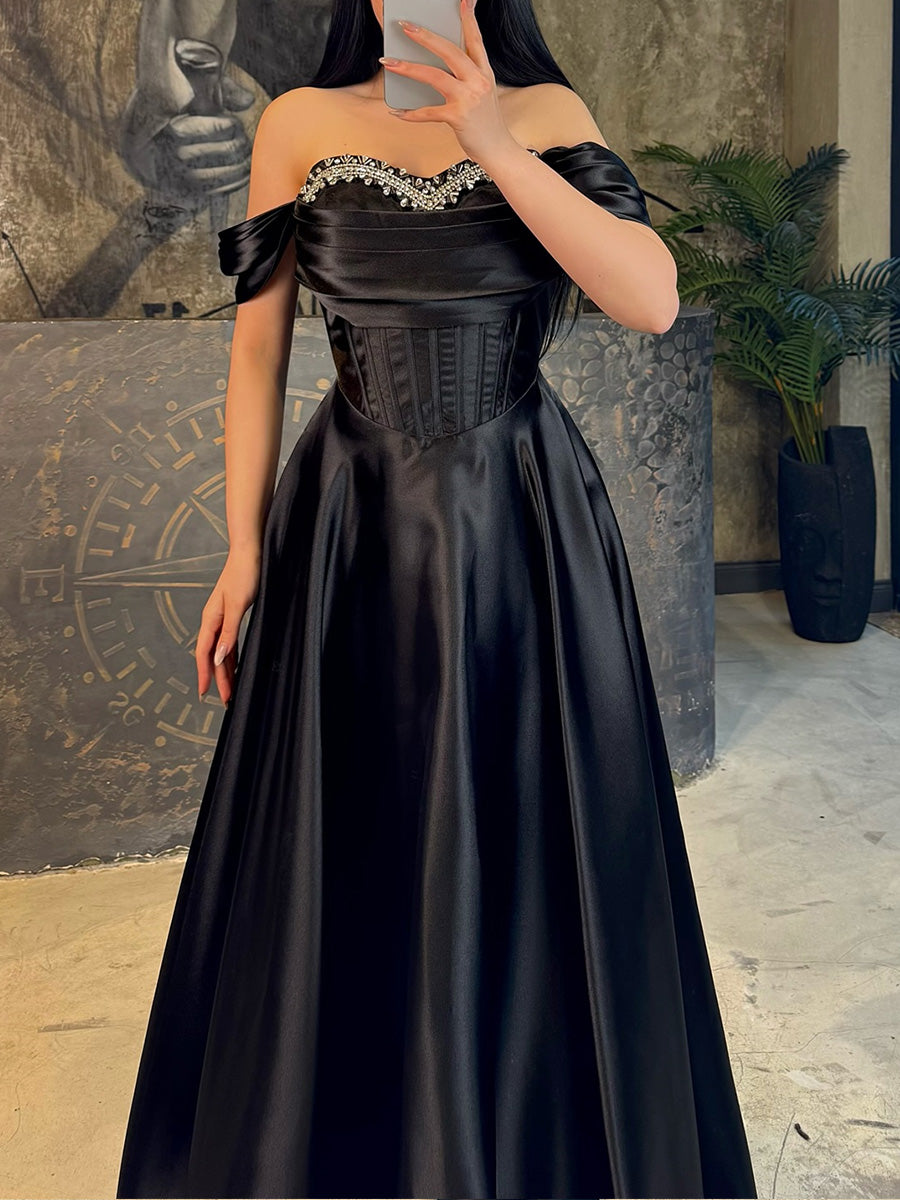 A-line/Princess Off-the-Shoulder Rhinestone Floor-Length Silk Like Satin Corset Evening Dress