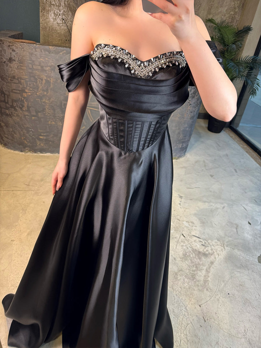 A-line/Princess Off-the-Shoulder Rhinestone Floor-Length Silk Like Satin Corset Evening Dress