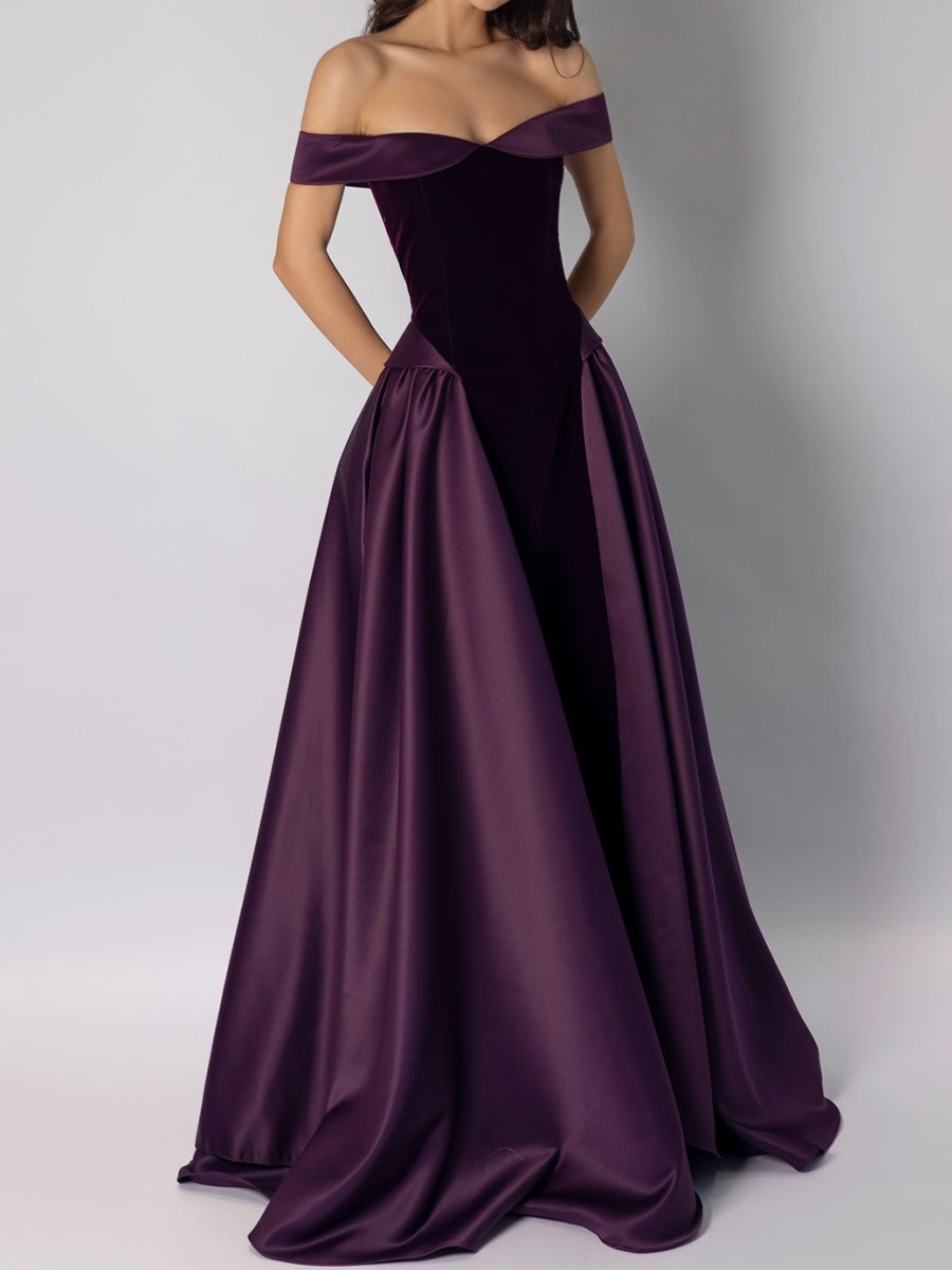 A-line/Princess Off-the-Shoulder Pleated Floor-Length Velvet Corset Evening Dress