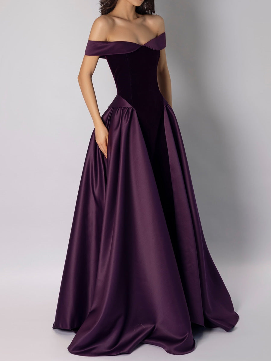 A-line/Princess Off-the-Shoulder Pleated Floor-Length Velvet Corset Evening Dress