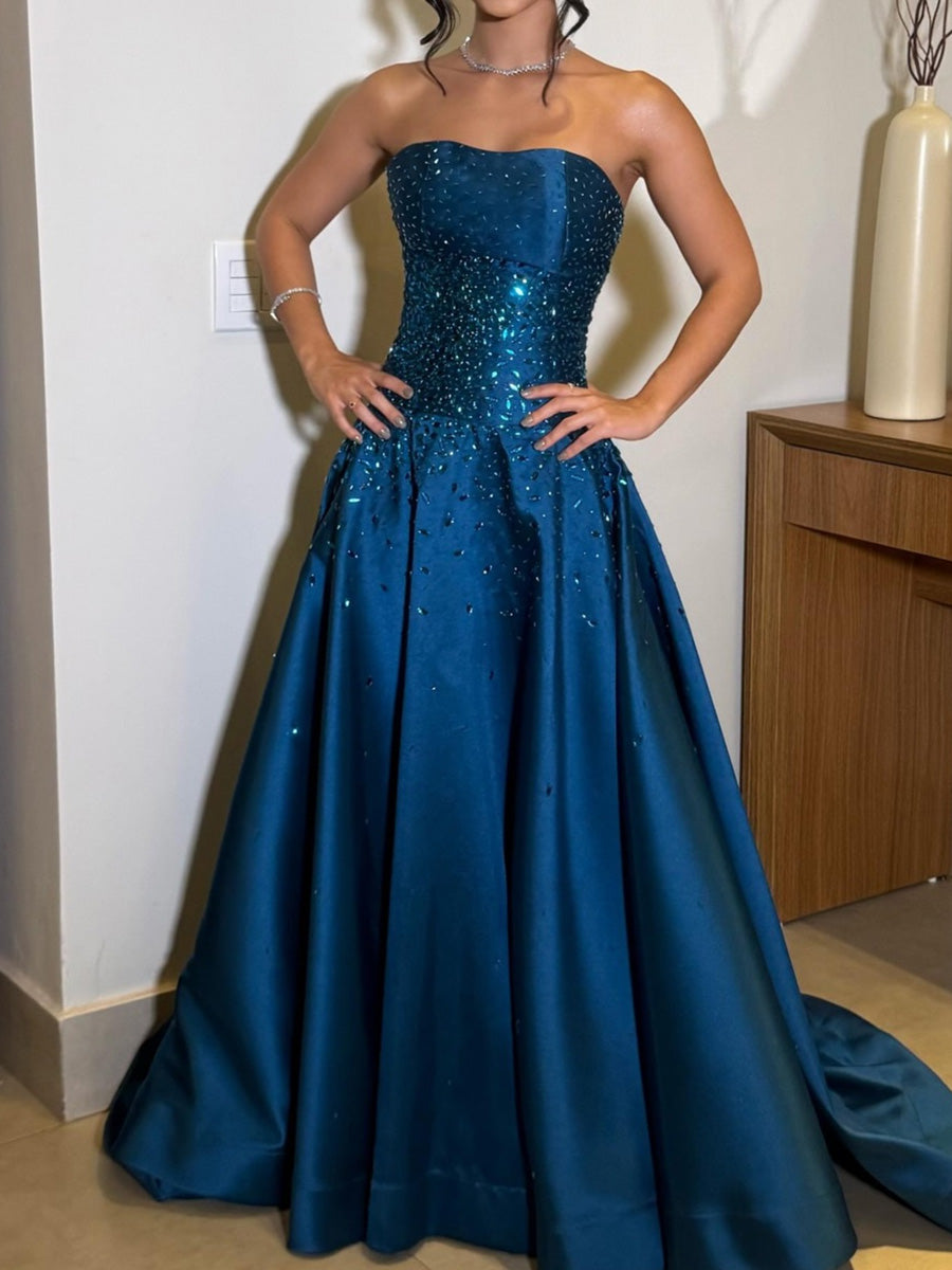 A-line/Princess Straight Rhinestone Sweep Train Satin Corset Evening Dress