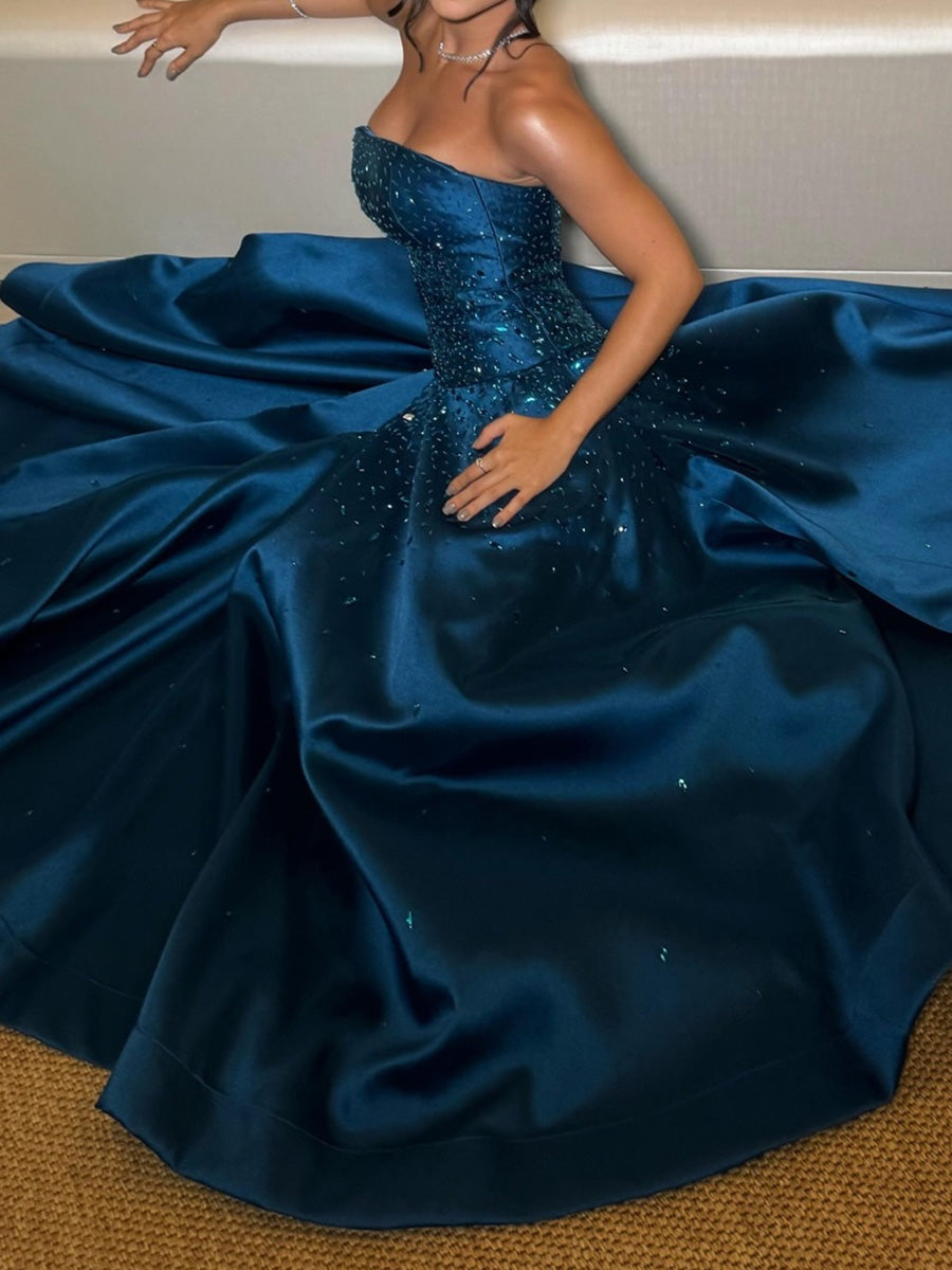 A-line/Princess Straight Rhinestone Sweep Train Satin Corset Evening Dress