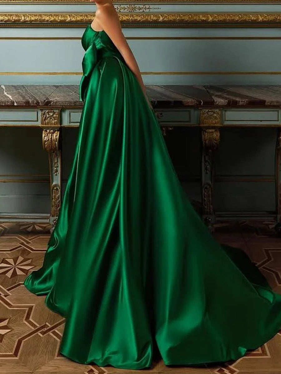 A-line/Princess V-neck Bow Sweep Train Satin Corset Evening Dress