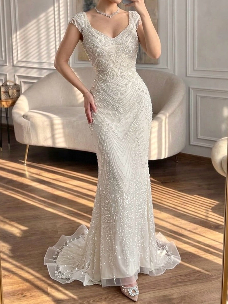 Sheath/Column Sweetheart Short Sleeves Beading Sweep Train Evening Dress