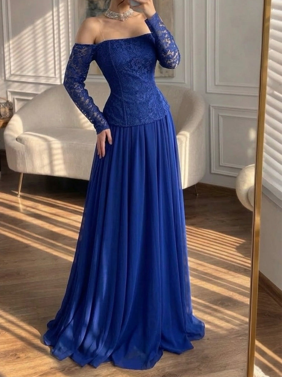 A-line/Princess Off-the-Shoulder Long Sleeves Appliques Lace Floor-Length Chiffon Corset Evening Dress