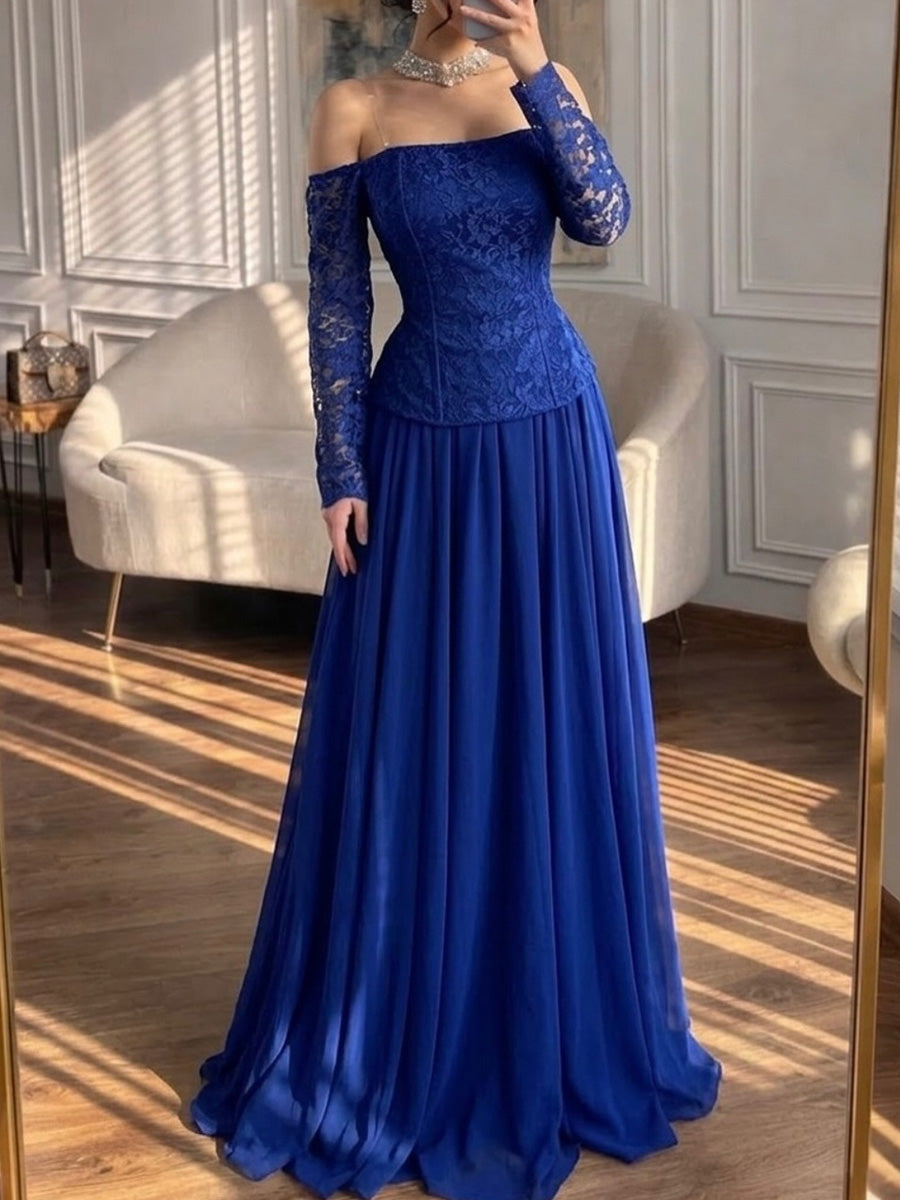 A-line/Princess Off-the-Shoulder Long Sleeves Appliques Lace Floor-Length Chiffon Corset Evening Dress