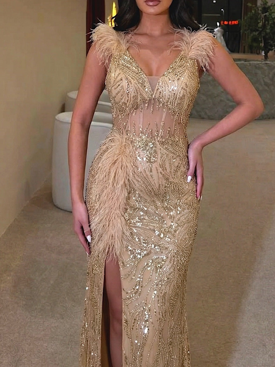Sheath/Column V-neck Feathers/Fur Floor-Length Lace Corset Evening Dress