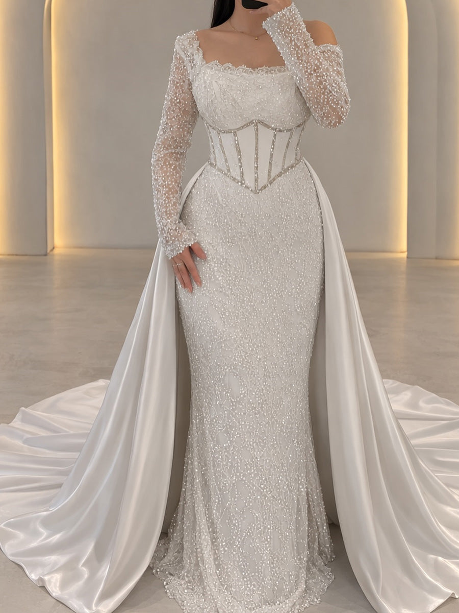Sheath/Column One-Shoulder Long Sleeves Appliques Lace Chapel Train Silk Like Satin Corset Evening Dress