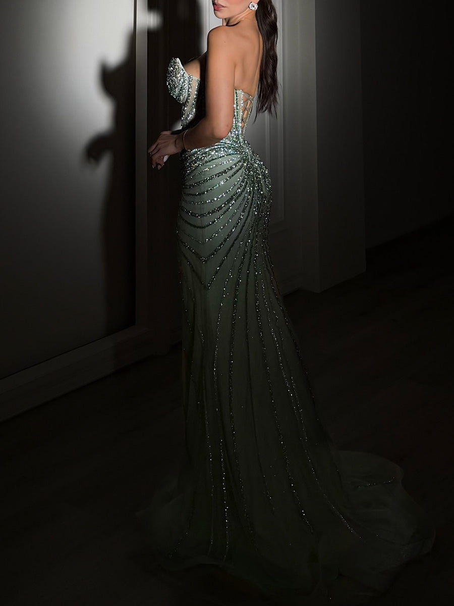 Sheath/Column Sweetheart Beading Sweep Train Tulle Corset Evening Dress