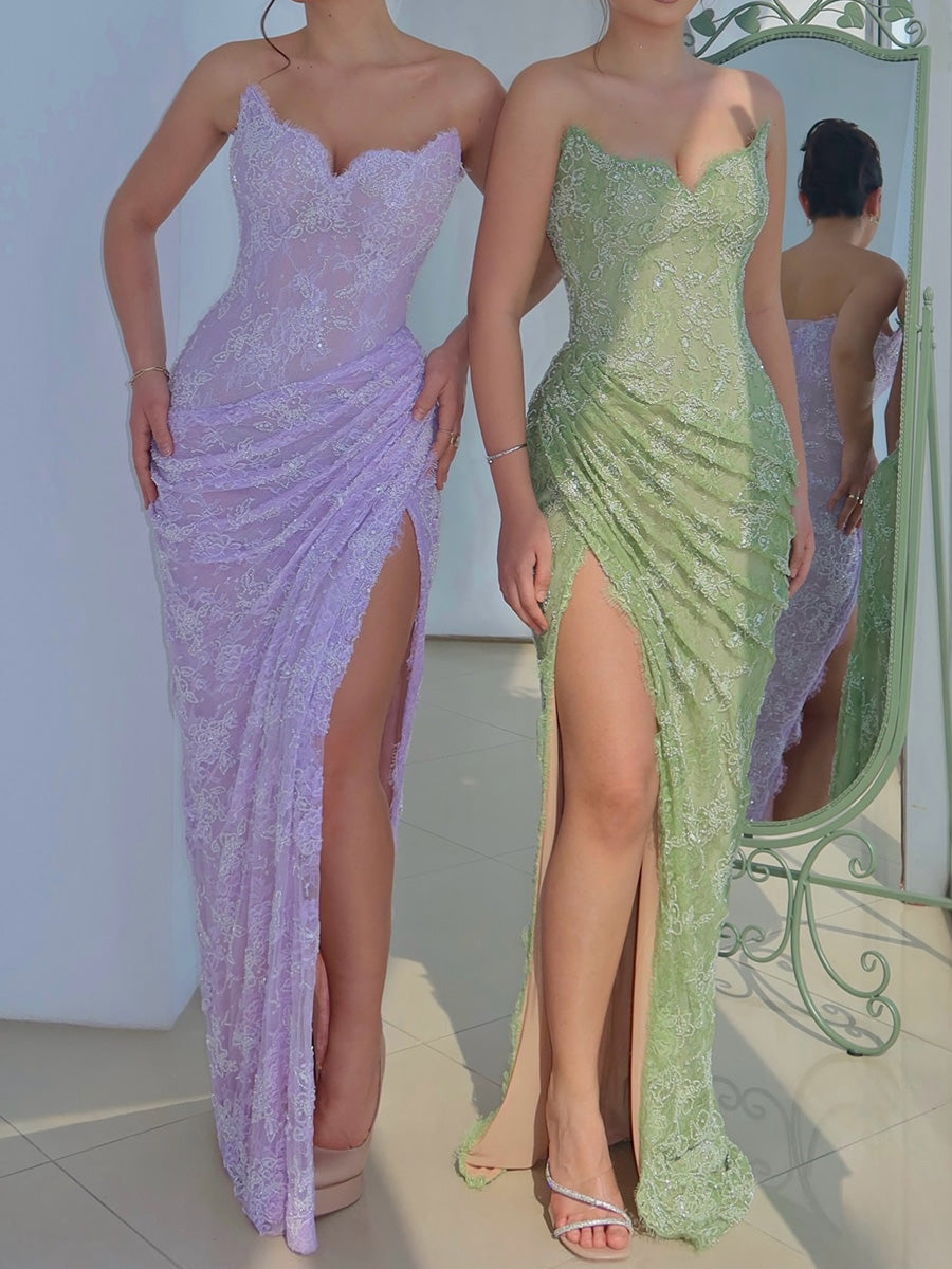 Sheath/Column Sweetheart Pleated Floor-Length Lace Evening Dress