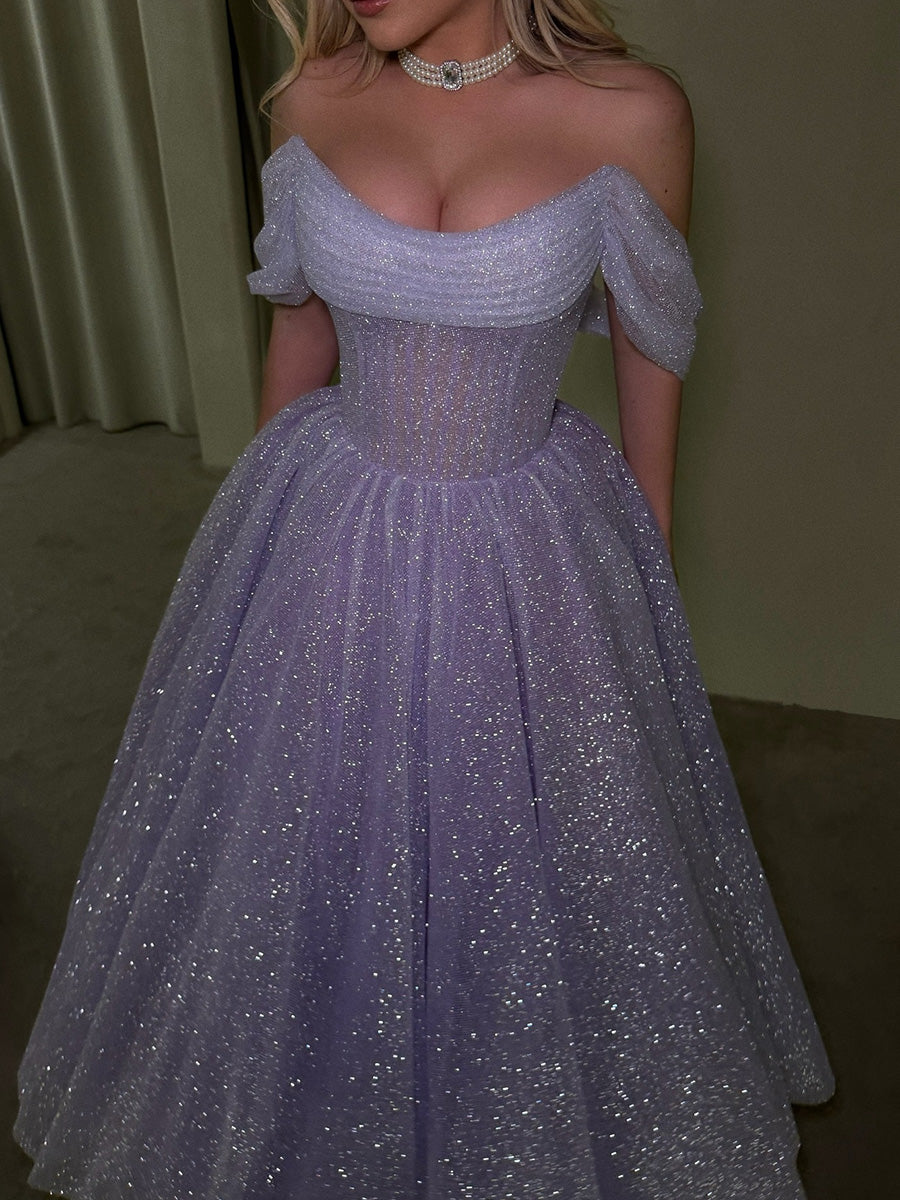 A-line/Princess Off-the-Shoulder Pleated Floor-Length Tulle Corset Evening Dress