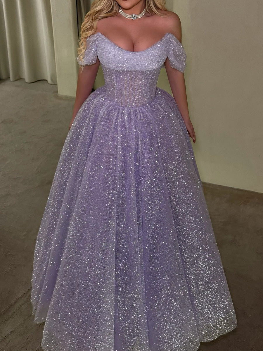 A-line/Princess Off-the-Shoulder Pleated Floor-Length Tulle Corset Evening Dress