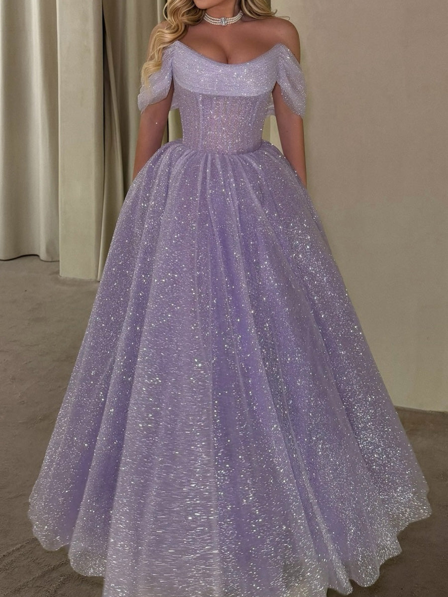 A-line/Princess Off-the-Shoulder Pleated Floor-Length Tulle Corset Evening Dress