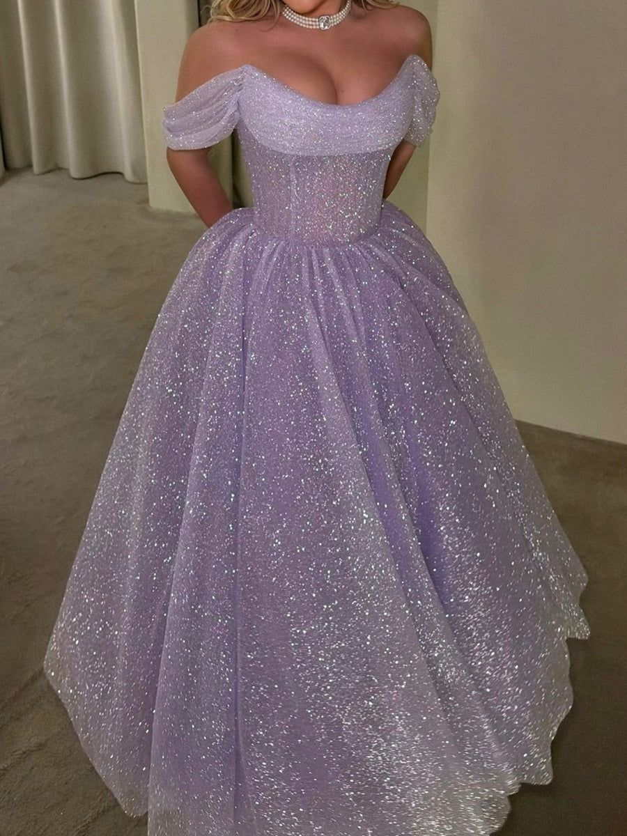 A-line/Princess Off-the-Shoulder Pleated Floor-Length Tulle Corset Evening Dress