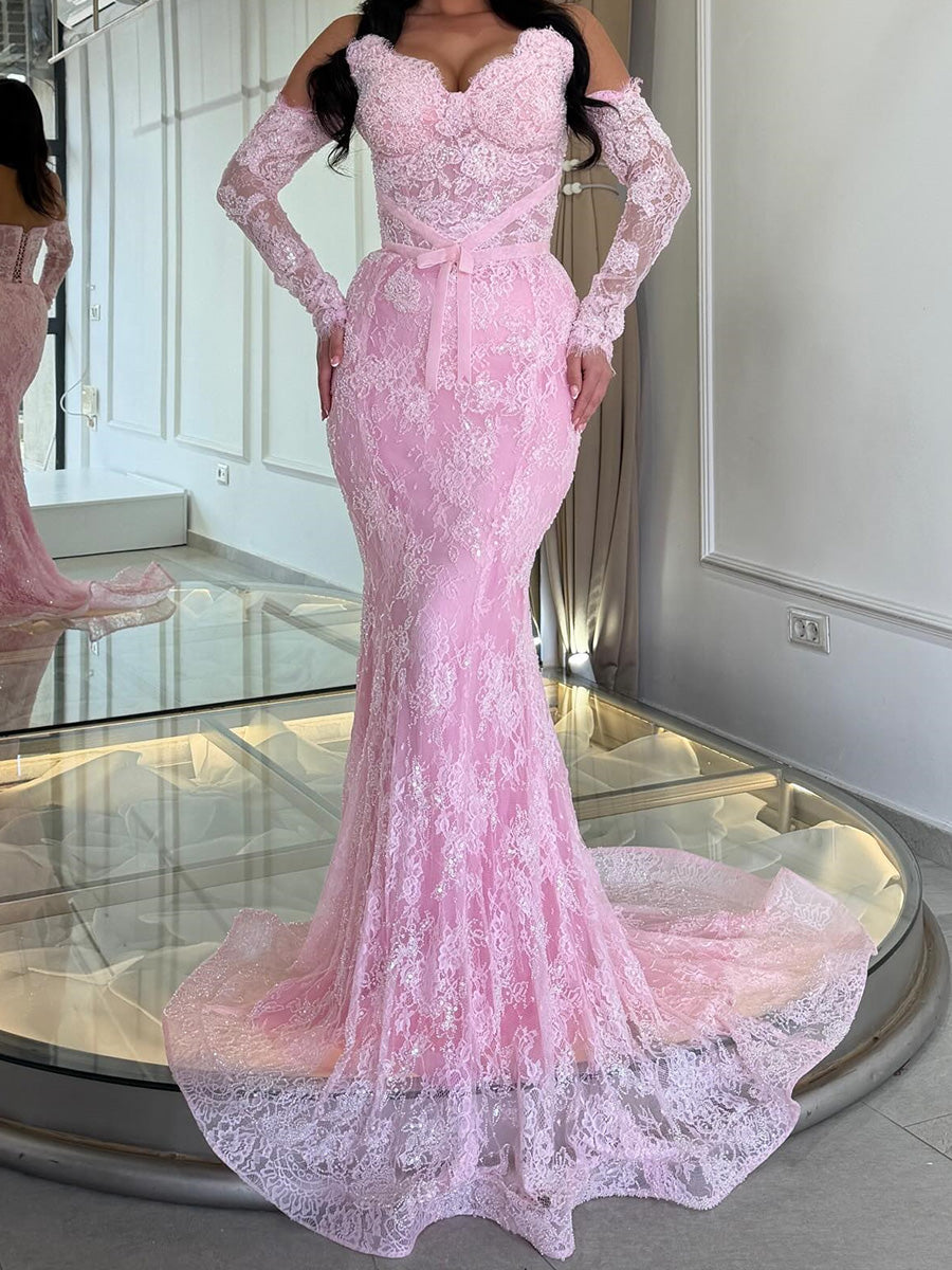 Sheath/Column Sweetheart Long Sleeves Appliques Lace Court Train Lace Corset Evening Dress